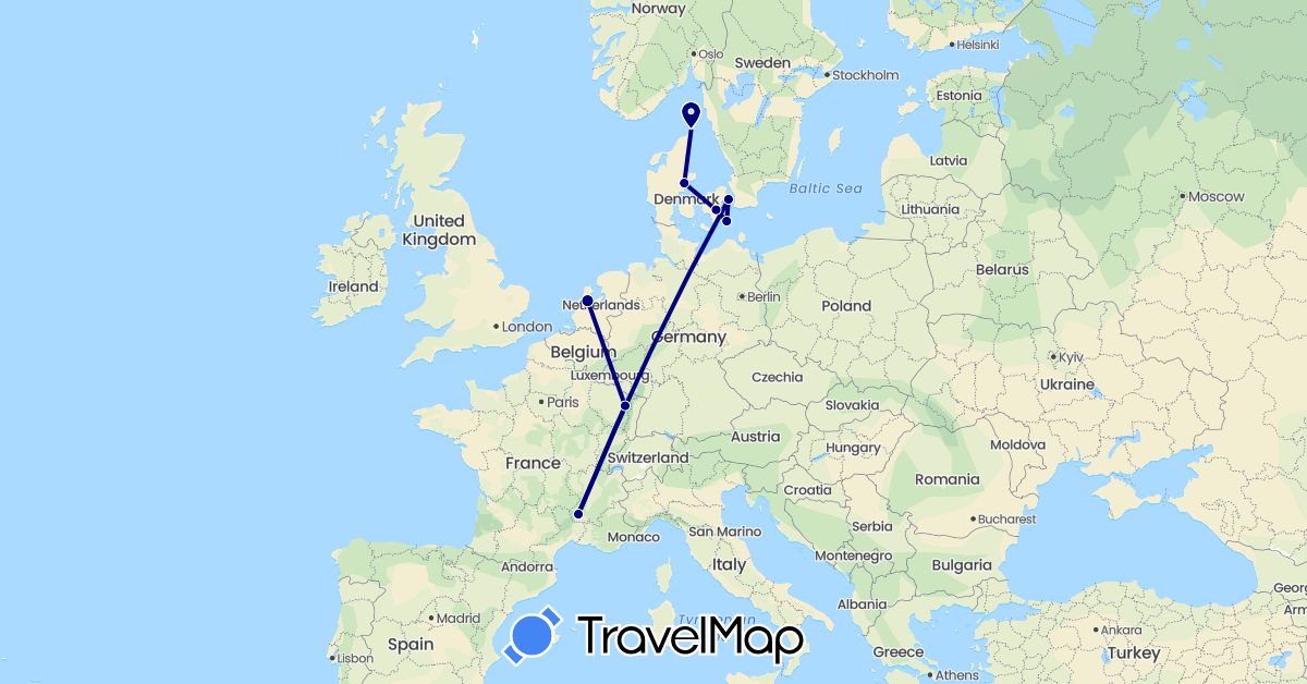 TravelMap itinerary: driving in Denmark, France, Netherlands (Europe)